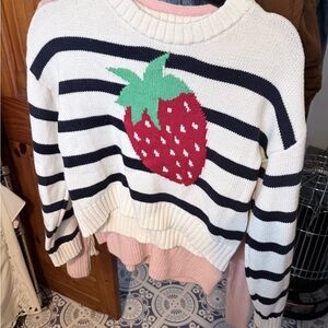 Freshman Black and White Striped Cropped Sweater with Strawberry Design